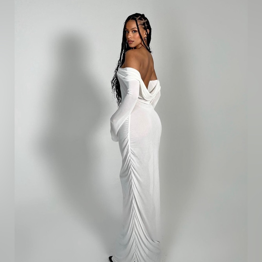 Siren The Brand Sexy ruched knitted off-the shoulder dress with open back detail